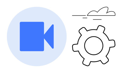 Videocall icon next to cloud and gear, emphasizing digital communication, cloud storage, and system customization. Ideal for technology, cloud computing, efficiency, digital tools, productivity