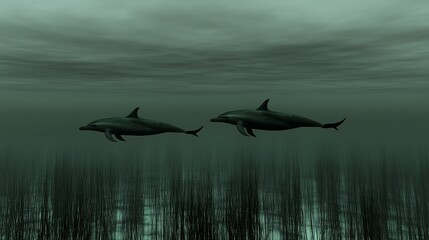 Fototapeta premium Dolphins swimming with dark ocean.