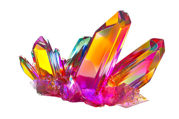Colorful Cluster of Quartz Crystals, Iridescent, Isolated, Cut Out Transparent