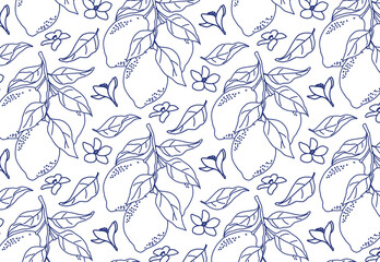 Hand drawn illustrations pattern with lemon branches, leaves and flowers. Seamless Amalfi for wedding invitations, posters, t-shirts. Dolce vita.