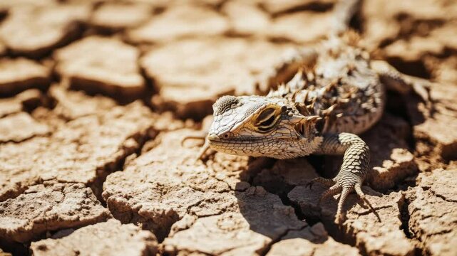 Sunlit lizard crawling on cracked desert ground in droughtscorched landscape