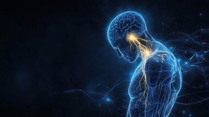 Glowing Nervous System, Head Pain, Dark Background, Medical Illustration