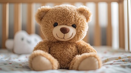 Cute brown fluffy teddy bear toy sitting on a chair, floor, or bed