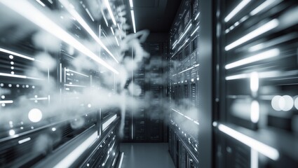 Abstract blurred image of a futuristic server room and cyber environment.