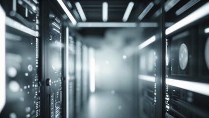 Abstract blurred image of a futuristic server room and cyber environment.