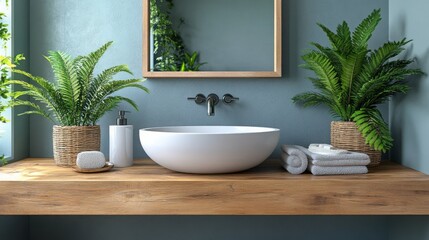 Fototapeta premium Modern Bathroom Vanity with Plants Wooden Countertop and Vessel Sink