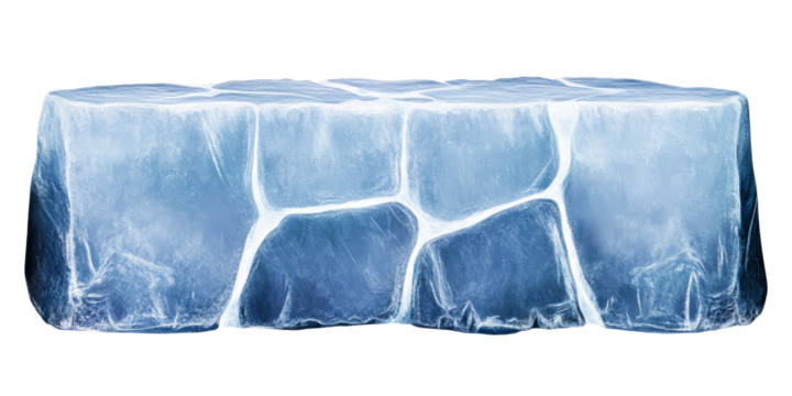 Icy blue block with crack lines, frozen cube structure, cut out transparent