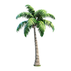 Digitally rendered palm tree with lush green leaves and a coconut on white background