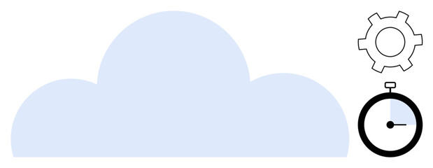 Cloud shape accompanied by gear and stopwatch representing technology, efficiency, time management, infrastructure, innovation, data storage, and optimization. Ideal for IT services, project