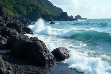 Obraz premium Rugged, textured shoreline with dark, weathered rocks and crashing waves , sea landscape, water