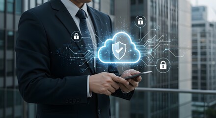 A Businessman Holding a Secure Smartphone with Cloud Computing and Cyber Security Protection Ensuring Data Safety in the Modern Digital Age