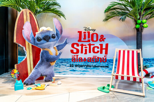 BANGKOK, THAILAND, 24 Jan 2025 - A beautiful standee of a movie called Lilo & Stitch Display at the cinema to promote the movie, this vibrant display entices moviegoers ahead of the premiere