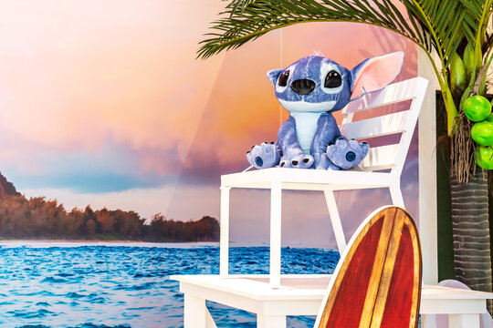 BANGKOK, THAILAND, 20 May 2025 - A cute blue lilo stitch dolls f a movie lilo stitch Display at the cinema to promote the movie, attracting attention from eager movie fans