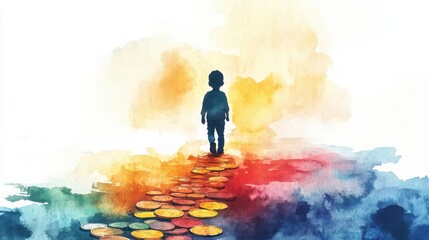 Obraz premium A child silhouette walks along a golden coin path in a vibrant, dreamlike watercolor landscape.