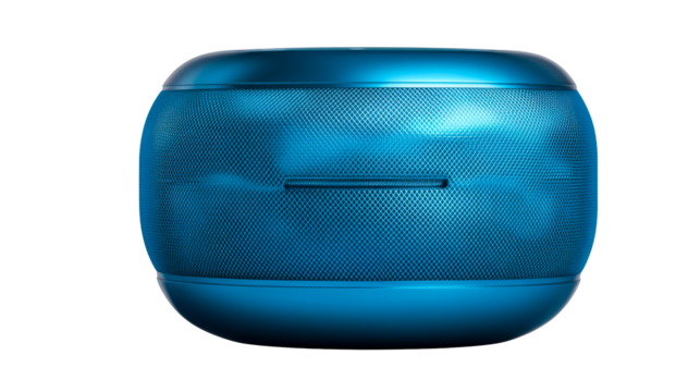 Blue metallic home speaker, tech equipment object, cut out transparent