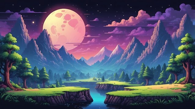 Retro pixel-art wallpaper showing a fantasy landscape with mountains, trees, and a glowing moon &ndash; nostalgic game environment in 8-bit style.

