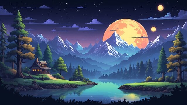 Retro pixel-art wallpaper showing a fantasy landscape with mountains, trees, and a glowing moon &ndash; nostalgic game environment in 8-bit style.

