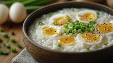 A bowl of rice porridge topped with sliced boiled eggs, chopped green onions, and black pepper, served on a rustic table.