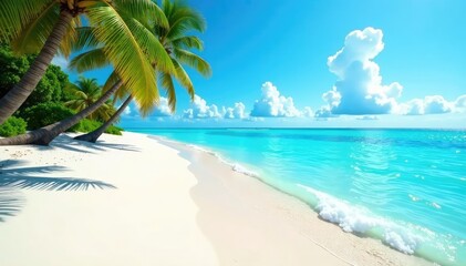 Sunny beach scene with clear blue water and white sand , warm, natural