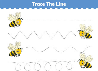 Trace line worksheets for children. Preschool handwriting practice with bee. Vector illustration