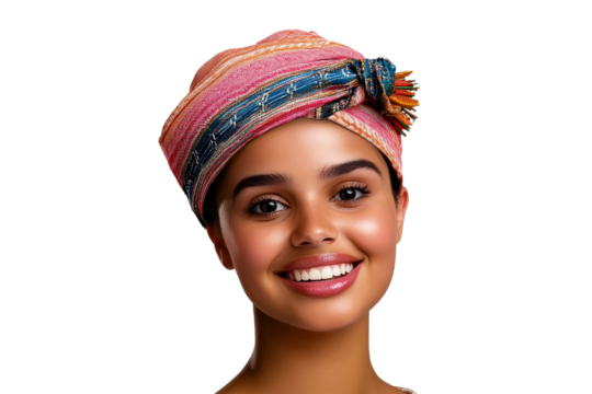 Smiling Indian woman portrait with patterned turban, cut out transparent