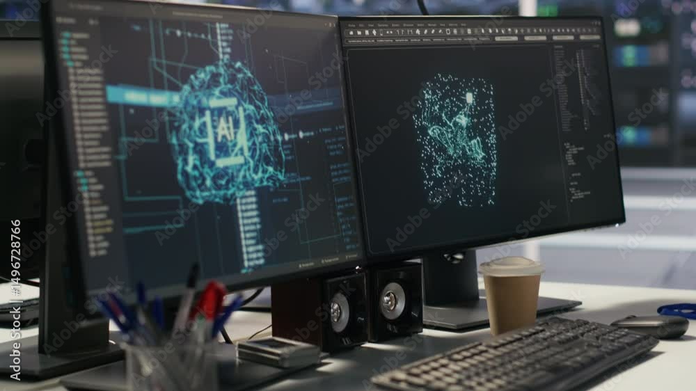 Poster close up of artificial intelligence ai development workstation in data center with dual monitors. se