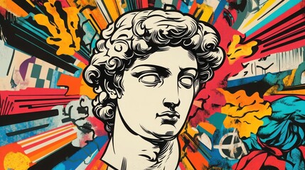 Classical Bust Awakens Amidst a Riot of Abstract Color an Explosion of Modern Expression and Graphic