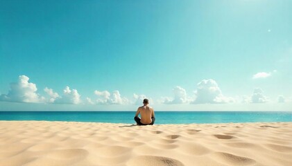 Obraz premium A solitary figure sits on a vast, empty beach, the horizon stretching endlessly before them, emphasizing feelings of isolation and solitude , horizon, melancholy, waves