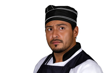 Fototapeta premium Concerned Hispanic chef in uniform, cut out transparent