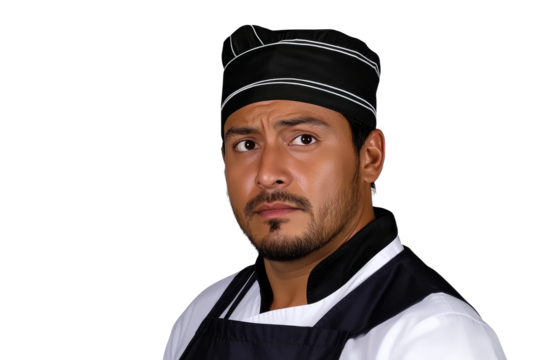 Concerned Hispanic chef in uniform, cut out transparent