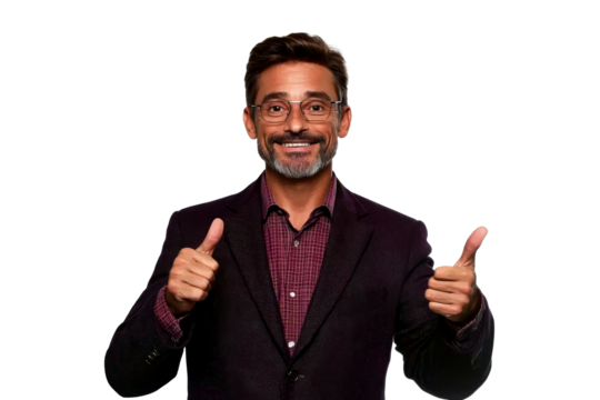 Enthusiastic man giving thumbs up gesture, approval sign, cut out transparent