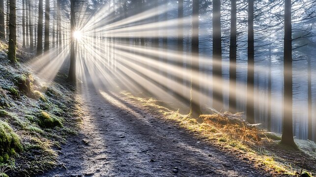 Sunbeams in frosty winter forest.