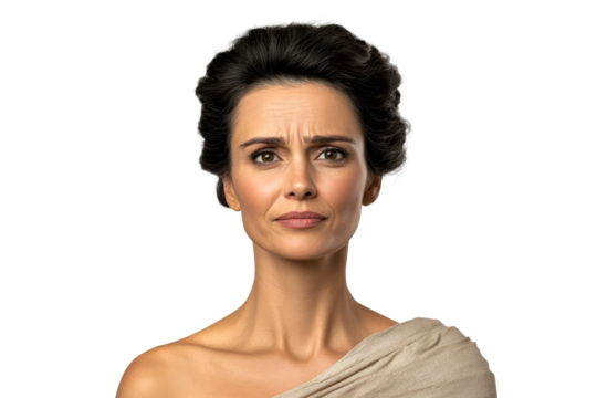 Worried woman looks concerned, cloth draped over her shoulder, cut out transparent