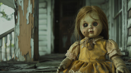Haunting Porcelain Doll on Abandoned Wooden Porch &ndash; Hyper-Realistic 4K Cinematic Scene

