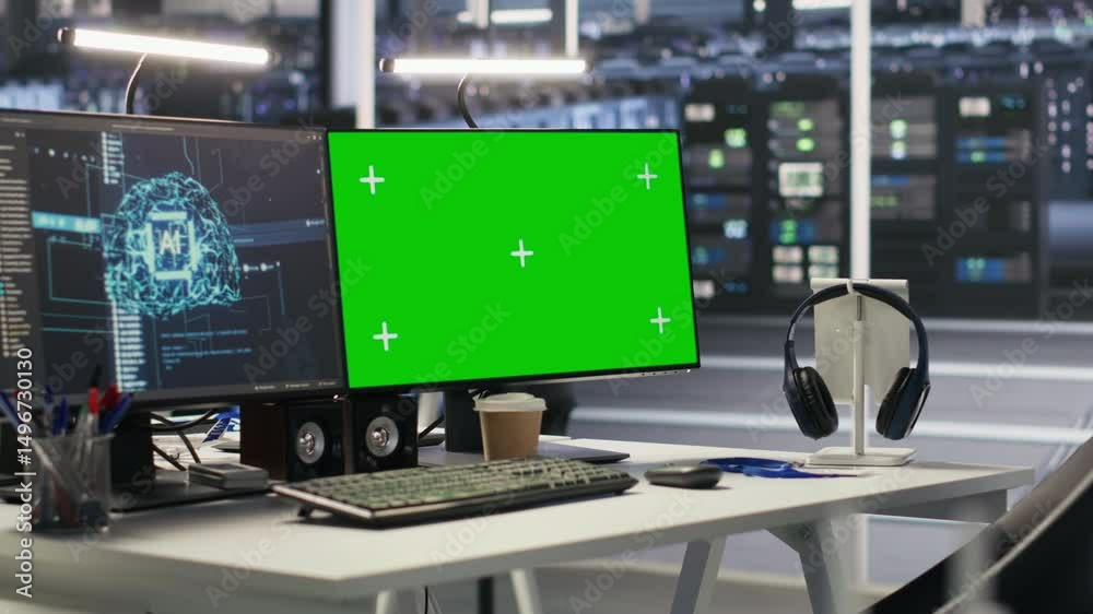 Poster green screen desktop pc set up in data center overseeing server infrastructure powering artificial i