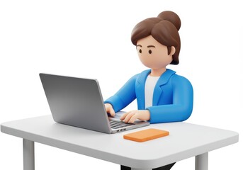 3D Illustration of Cartoon woman working on laptop isolated on white background