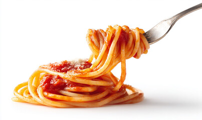 Delicious Spaghetti with Tomato Sauce and Parmesan Cheese Served on a Fork a Classic Italian Dish on a White Background Isolated and Ready to Eat