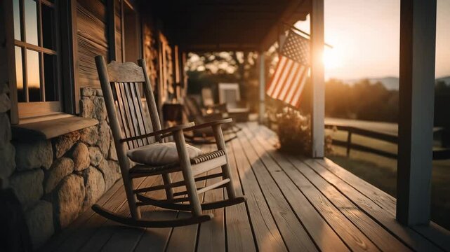 Sunlit porch with American flag in summer