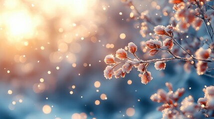 Enchanting Winter Scene Snow Covered Branches Glistening in Sunlight