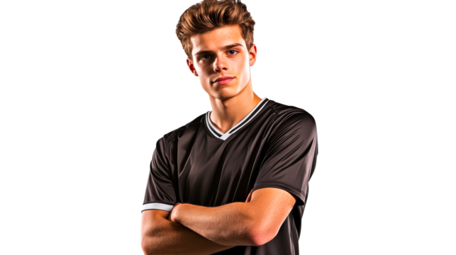 Handsome young man in athletic shirt with arms crossed, cut out transparent - Powered by Adobe