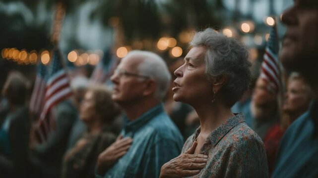 Adults singing national anthem in outdoor setting