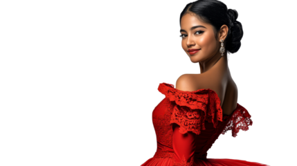 Hispanic woman in red gown smiling over shoulder, cut out transparent