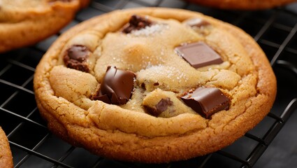 A single, tantalizing chocolate chip cookie rests on a cooling rack, inviting the viewer with its perfectly golden-brown exterior and generous chunks of rich chocolate.