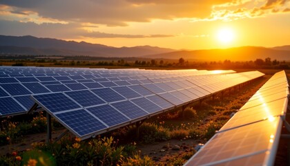 a serene solar farm at sunset. sunlight is captured as it illuminates the panels of the solar array, casting long shadows across the landscape