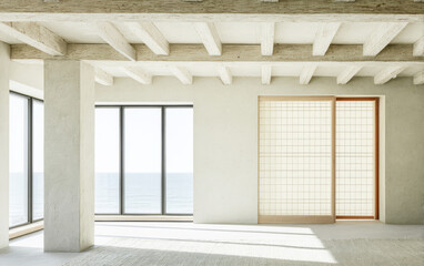 Obraz premium Minimalist interior design showcasing ocean view in a contemporary living space with large windows