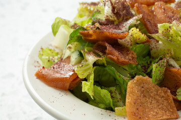 A closeup view of a fattoush salad.