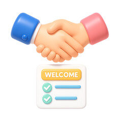 3D handshake and welcome checklist icon for business agreement or onboarding concept – PNG transparency icon
