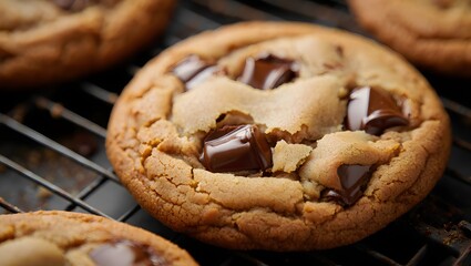 A close-up of a freshly baked chocolate chip cookie on a cooling rack, a treat with melted chocolate. A perfect combination of texture and taste.