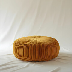 A low pouf-style floor seat in mustard yellow with woven texture.
