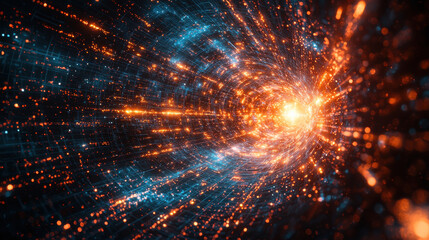 Obraz premium A digital canvas pulsates with futuristic energy, its surface ablaze with light rays and vibrant blue lines, a symphony of abstract art representing the cutting-edge world of science and technology, 